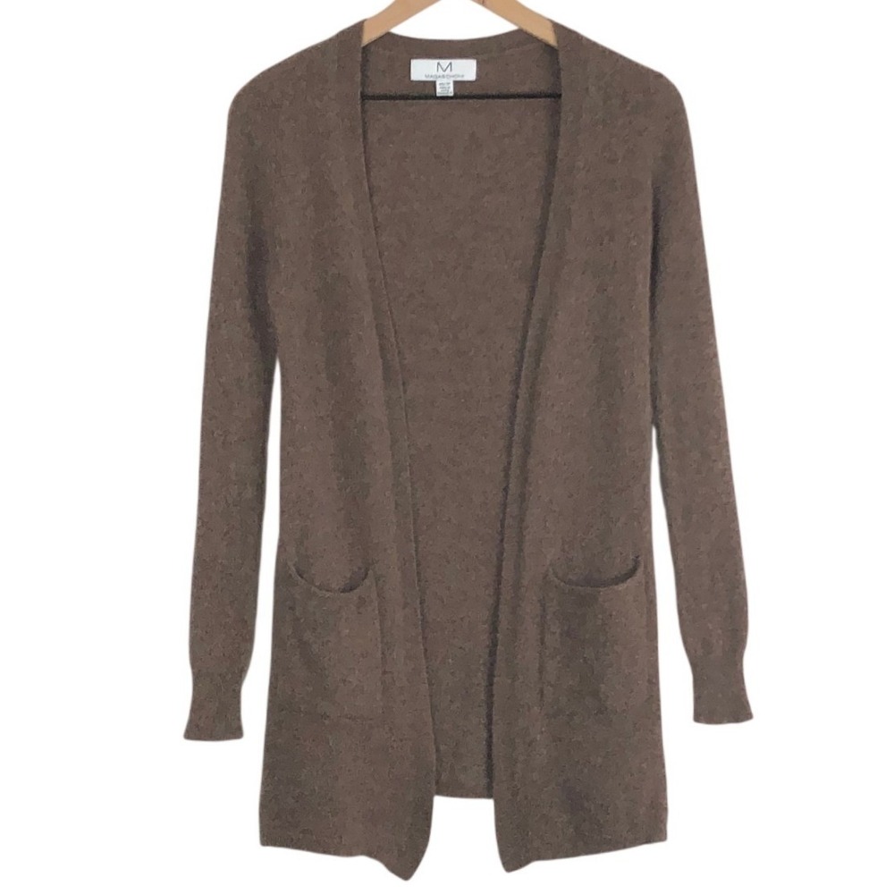 MAGASCHONI 100% Cashmere Open Cardigan Sz XS Brown Pockets Longline Sweater